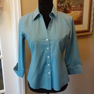 Talbots Habidashery teal blue green wrinkle resistance 3/4 sleeve cuffs 6P EUC…